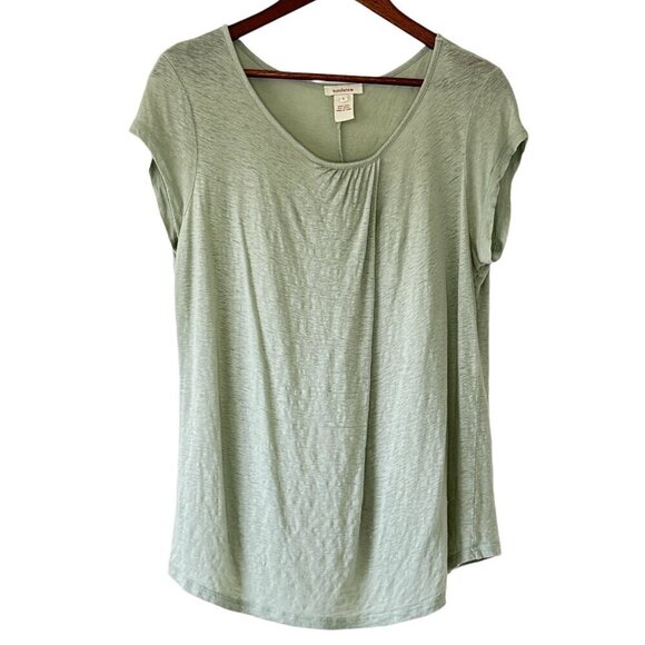 Sundance Burnout Linen Top Sea Green Draped Scoop Neck Curved Hem Women's Large - Picture 1 of 5